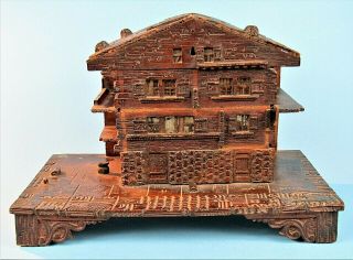 Antique Hand Carved Wood Folk Art Swiss Chalet Jewelry Box Souvenir Building