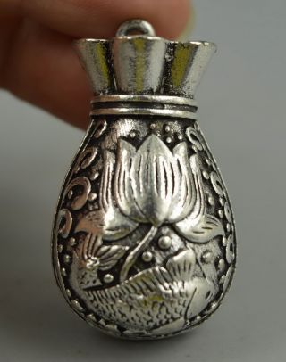Collect Decor Chinese Tibet Silver Carve Lotus Fish Rare Lucky Bag Pendant