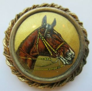 Outstanding Xl Antique Celluloid & Metal Picture Button Horse Bridle Rosette (c)