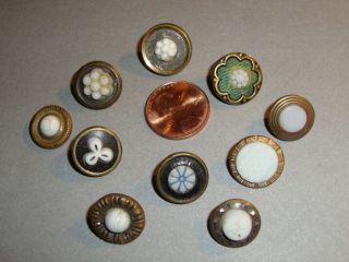 Antique Brass Buttons With White Glass Centers