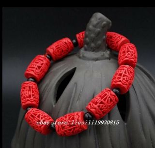 Fashion Carving Column Shape Red Cinnabar Vogue Elasticity Bracelets 12x16mm 2