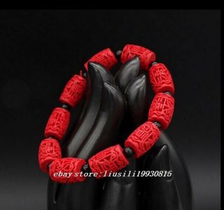 Fashion Carving Column Shape Red Cinnabar Vogue Elasticity Bracelets 12x16mm 3