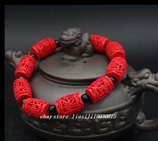 Fashion Carving Column Shape Red Cinnabar Vogue Elasticity Bracelets 12x16mm 4