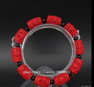 Fashion Carving Column Shape Red Cinnabar Vogue Elasticity Bracelets 12x16mm 5