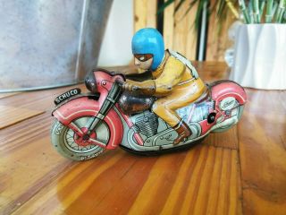 Vintage Schuco Litho Wind - Up Tin Toy Motorcycle Number 5 Rider.
