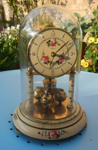 Vintage Pretty Kern Anniversary Clock Glass Dome Hand Painted Floral Decoration