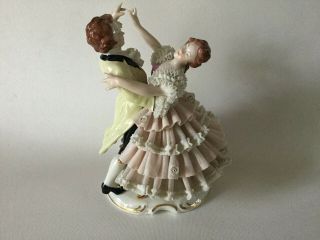 Vintage Dresden Art Lace Dancing Couple Wilhelm Rittirsch / Grafenthal Germany