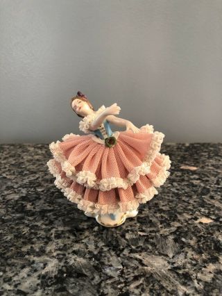 Dresden Germany Porcelain Ballerina Ballet Figurine With Pink Lace Dress