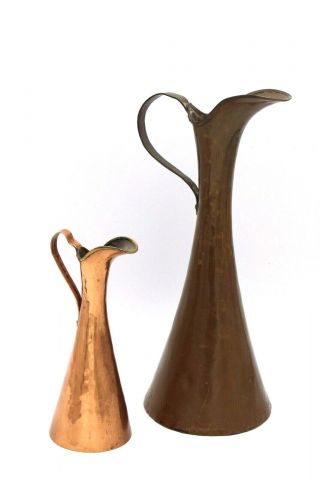 Antique Russian Brass Copper Ewer Pitcher Flower Vase Stamped 12 1/2 " & 7 1/2 "