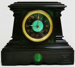 Antique French 8 Day Black Slate Marble & Malachite Panel Striking Mantel Clock