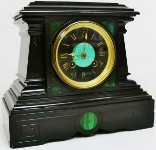 Antique French 8 Day Black Slate Marble & Malachite Panel Striking Mantel Clock 2