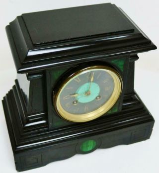 Antique French 8 Day Black Slate Marble & Malachite Panel Striking Mantel Clock 3