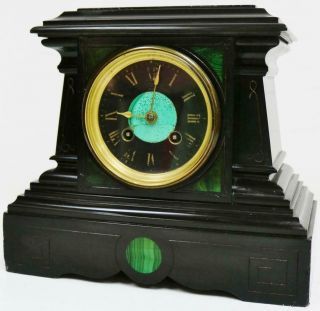 Antique French 8 Day Black Slate Marble & Malachite Panel Striking Mantel Clock 4