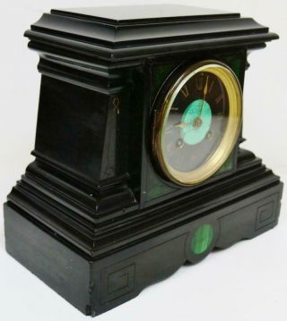 Antique French 8 Day Black Slate Marble & Malachite Panel Striking Mantel Clock 6