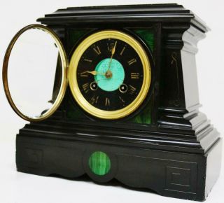 Antique French 8 Day Black Slate Marble & Malachite Panel Striking Mantel Clock 7
