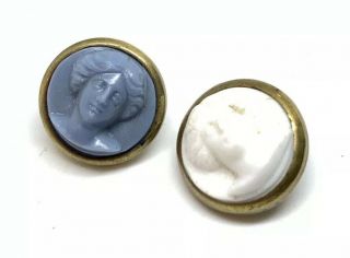Antique Waistcoat Button Jenny Lind…glass Brass Cornflower Blue & White 11.  39mm