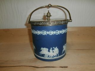 Antique Blue Jasperware Biscuit Ice Barrel Bucket Jar With White Horses Classic