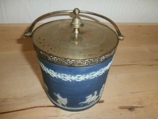 Antique Blue Jasperware biscuit ice barrel bucket jar with white horses classic 2
