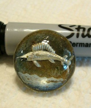 Vintage Reverse Painted Glass Sword Fish Picture Button 7/8 "