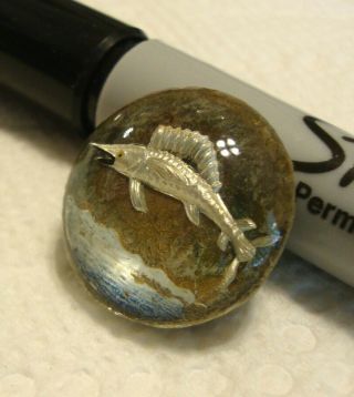 Vintage Reverse Painted Glass Sword Fish Picture Button 7/8 