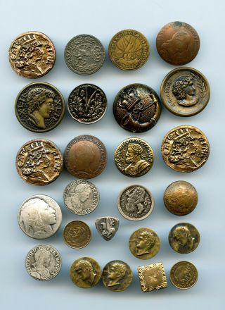 25 Antique Buttons Most Seem To Be Coin Type With Military Theme And Heads