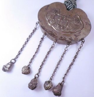Vtg Or Antique Chinese Lock Style Pendant Silver W/ Sterling Repousse Dangles