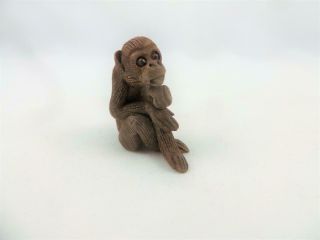 Tiny Antique 19th Century Japanese Clay Monkey Eating 1 " High
