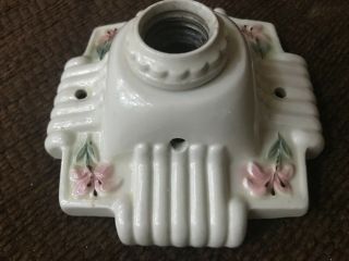 Vtg Antique Porcelain Ceramic Light Fixture Cream Square Pink Flowers Ribbed