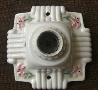 VTG Antique Porcelain Ceramic Light Fixture Cream Square Pink Flowers Ribbed 2