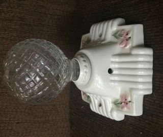 VTG Antique Porcelain Ceramic Light Fixture Cream Square Pink Flowers Ribbed 4