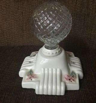 VTG Antique Porcelain Ceramic Light Fixture Cream Square Pink Flowers Ribbed 5
