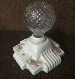 VTG Antique Porcelain Ceramic Light Fixture Cream Square Pink Flowers Ribbed 6