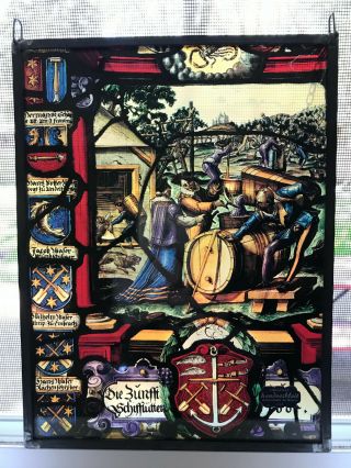 Vintage German Stained Glass Panel Winemakers Winzer Scene