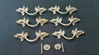 6 Vintage French Provincial Drawer Pulls W/ 2 Knobs.  3 " Centers 5 7/8 " Long