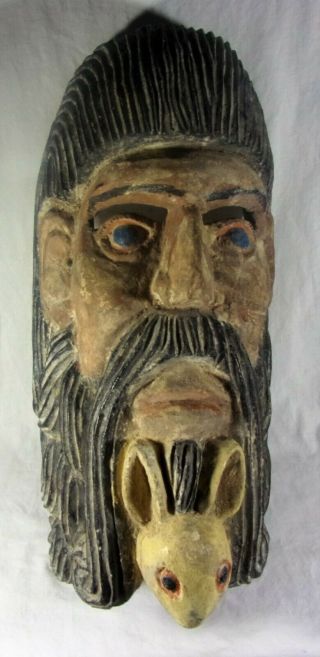 Antique 19th Century Mexican Folk Art Wood Mask Hand Carved Wood Wall Plaque