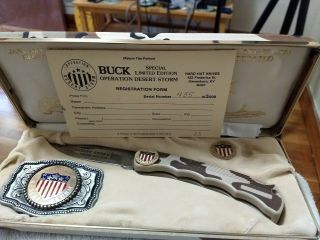 Buck Special Limited Edition Desert Storm Commemorative Knife,  Belt Buckle,  Pin