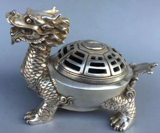 Collectable Handwork Miao Silver Carve Old Tibet Dragon Tortoise Incense Burner