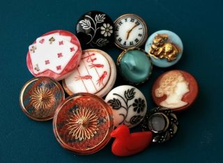 Vintage Glass Buttons - Clock,  Cat,  Birds,  Cameo,  Duck,
