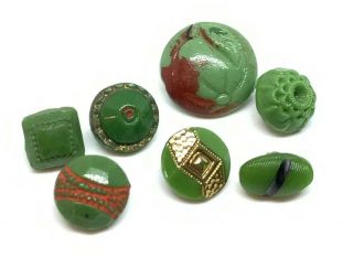 Beauties 7 Incised Green Cut Glass Diminutive Buttons Victorian