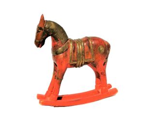 Antique Red Wood & Brass Rocking Horse Statue Vintage Wooden Horse Figurine
