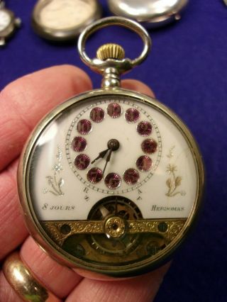 2 of 6,  VTG ANTIQUE 8 JOURS HERDOMAS POCKET WATCH,  RED NUMBERS,  PARTS 2