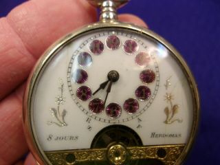 2 of 6,  VTG ANTIQUE 8 JOURS HERDOMAS POCKET WATCH,  RED NUMBERS,  PARTS 4