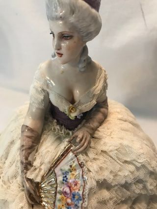 LARGE RARE ANTIQUE DRESDEN STYLE PORCELAIN LACE LADY FIGURINE CROWN N MARKING 3