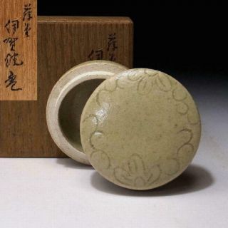 Zm7: Japanese Clay Incense Case,  Kogo,  Iga Ware With Wooden Box,  Sakura