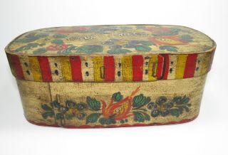 Early Antique Hand Made Wooden Folk Art Painted Flowers Oval Box