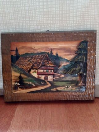 Vintage German Wood Hand Carved Picture - Wall Art - Landscape Scene