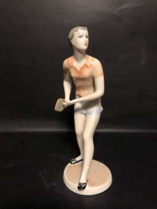 Old Signed Hollohaza Hungary Fine Porcelain Figurine 8148 Ping Pong Paddle Ball