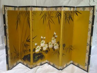 Vintage Japanese 6 - Panel Handpainted Desk Table Screen - Fabric - Floral