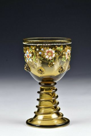 Theresienthal Bohemian Blown Art Glass Enamel Painted Goblet 6 3