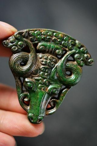 Rare Chinese Old Jade Hand Carved Dragon/cattle Head Pendant J9